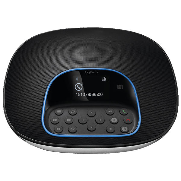 Black conference camera with digital display and keypad on a white background