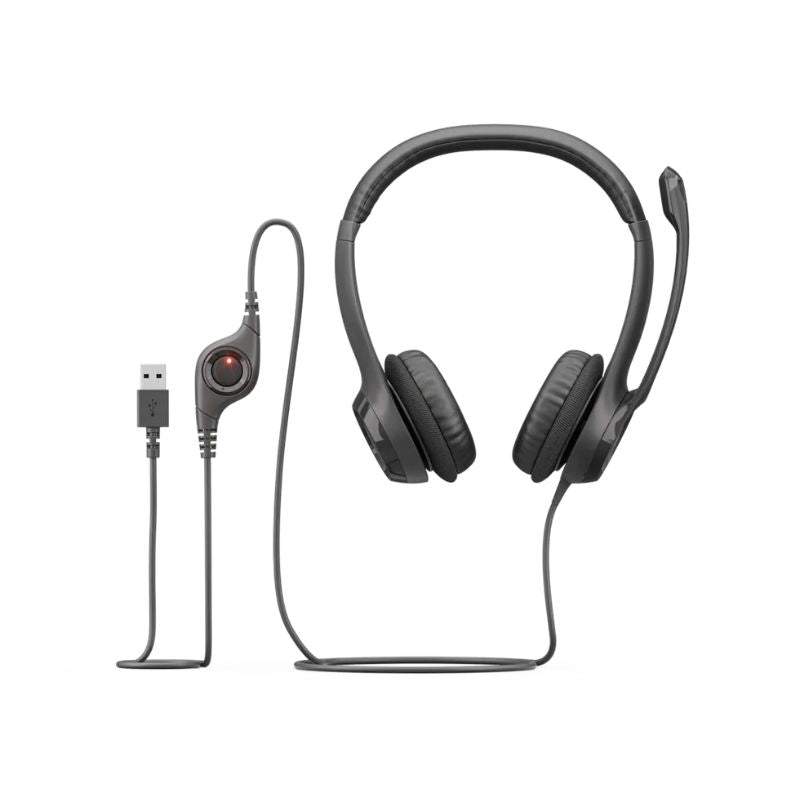 Black headset with USB-C connector on a white background