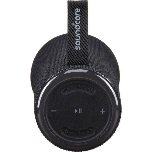 Black portable Anker Soundcore Glow
with Soundcore branding on a white background