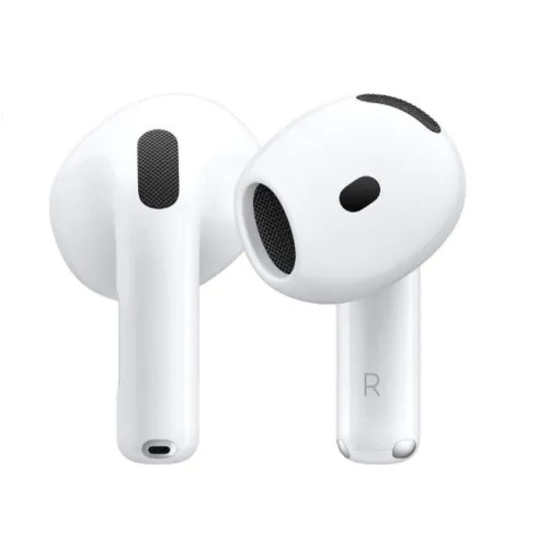 White wireless earbuds with black accents on a white background