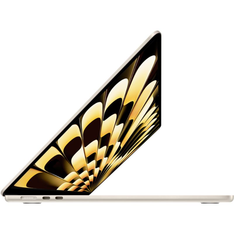 Laptop with gold and black abstract design on the screen against a white background