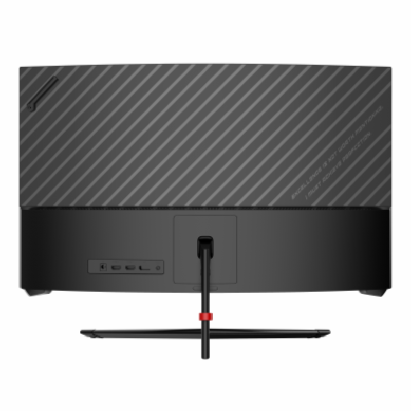 Back view of a black computer monitor with a stand on a white background