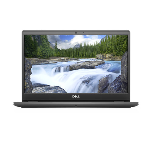 Laptop displaying a scenic waterfall on its screen with a white background