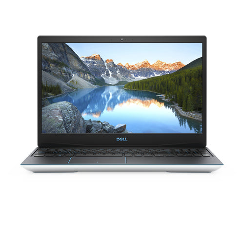 Laptop displaying a scenic mountain lake on its screen with a white background