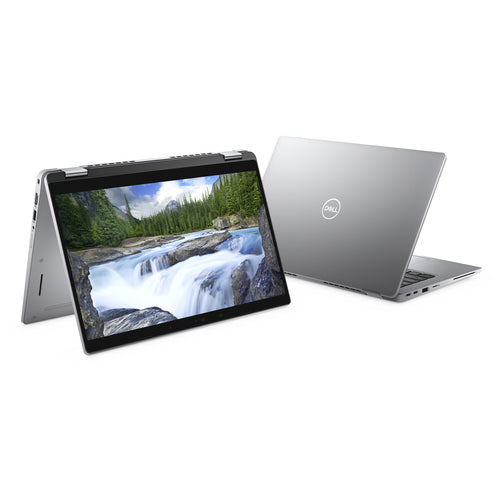 Two Dell laptops, one open showing a nature scene, on a white background