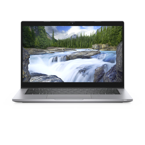 Laptop displaying a scenic wallpaper of a waterfall on a white background