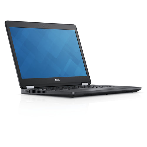 Black Dell laptop with blue screen on a white background