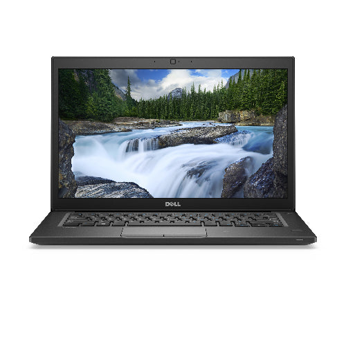 Laptop displaying a scenic waterfall on its screen with a white background