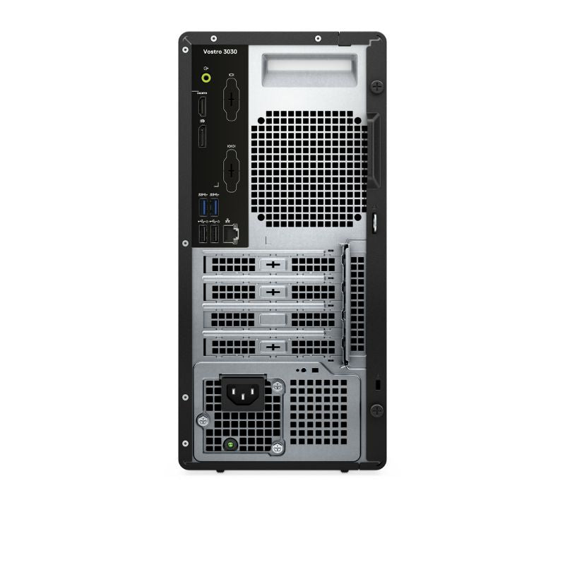 Back view of a computer tower with ventilation and connectivity ports on a white background