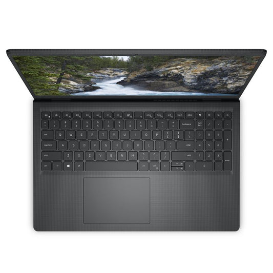 Black laptop with a scenic display on a white background