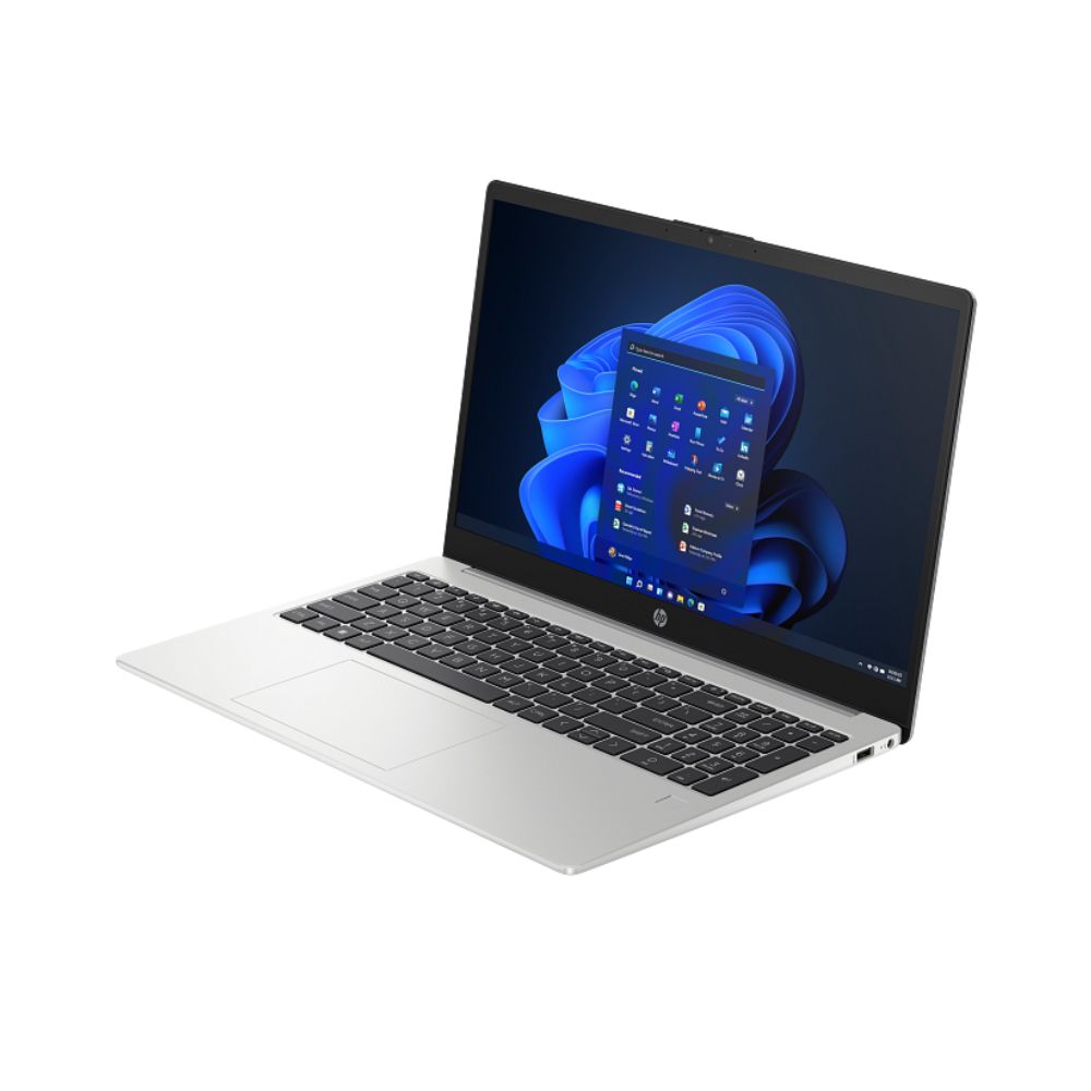 Open HP 250 G10 Core i5 13th Gen 8GB RAM 512GB SSD laptop with a blue abstract design on the screen against a white background