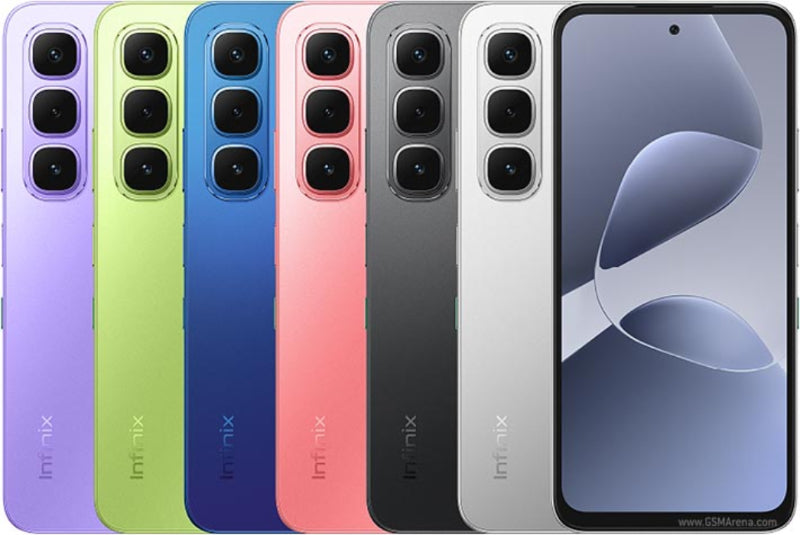 Infinix smartphone in various colors with a close-up of the phone's back and front.