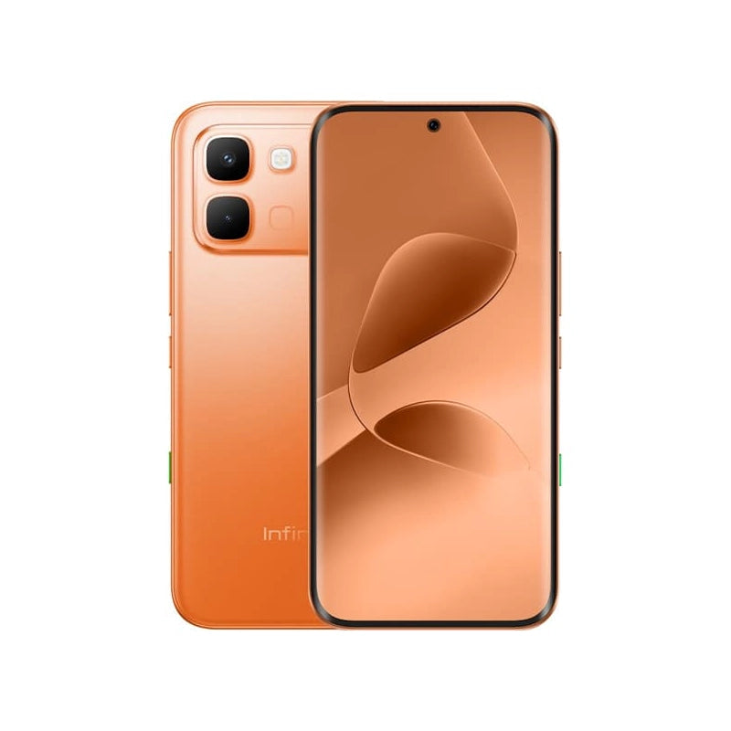 Orange smartphone showing back and front views on a white background