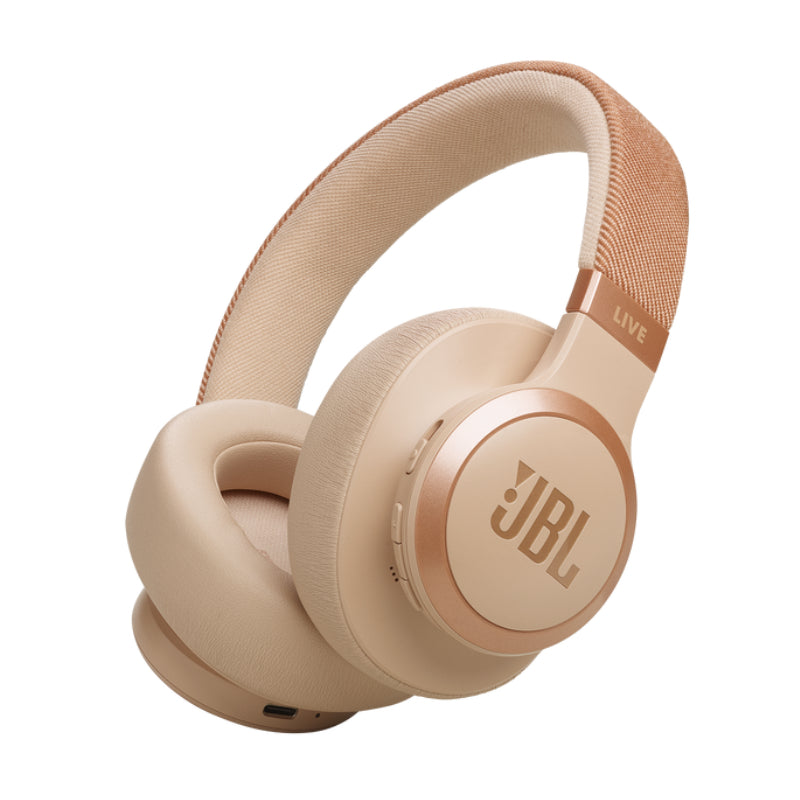 Beige headphones with JBL logo on a white background