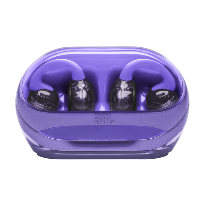 Purple JBL wireless earbuds in charging case on a white background