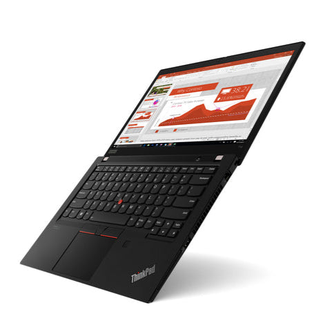Elevated left-side view of Lenovo ThinkPad T14 laptop with display open showing presentation slides and black keyboard.
