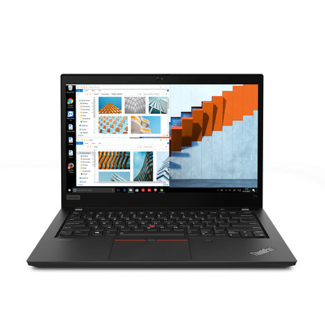 Front view of Lenovo ThinkPad T14 laptop with screen on, showing Windows interface and colorful design graphics.