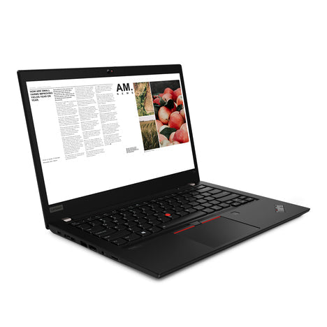 Lenovo ThinkPad T14 laptop angled left view with display on showing text and images, black keyboard visible.