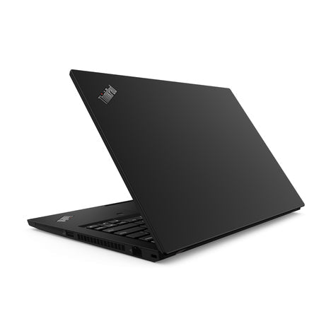 Lenovo ThinkPad T14 laptop partially closed from rear left angle, showing matte black lid with ThinkPad logo.