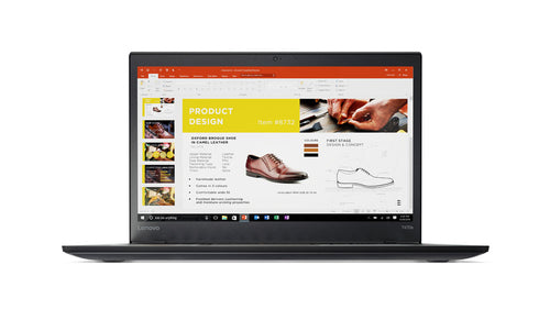 Front view of Lenovo ThinkPad T470s laptop with display on showing a product design presentation.