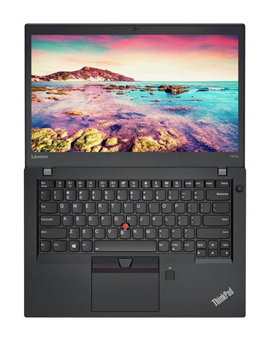 Top-down view of Lenovo ThinkPad T470s laptop with display on, showing island-style keyboard and touchpad.