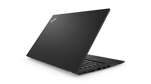 Rear angled view of Lenovo ThinkPad T480s with partially open lid showing sleek black design.