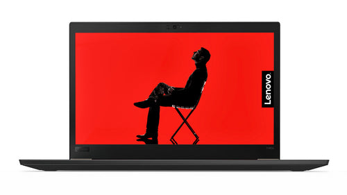 Full front view of Lenovo ThinkPad T480s with red background on screen and Lenovo branding.