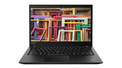 Front view of Lenovo ThinkPad T490s laptop with colorful abstract frame design on display and full keyboard visible.