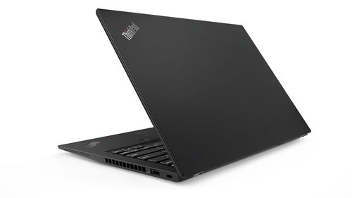 Lenovo ThinkPad T490s laptop rear left angle with lid partially closed, showing sleek matte black finish.