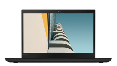 Front view of Lenovo ThinkPad T495 with screen on displaying architectural image and thin display bezels.