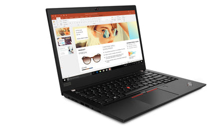 Lenovo ThinkPad T495 angled left view with display showing a PowerPoint presentation and black keyboard.