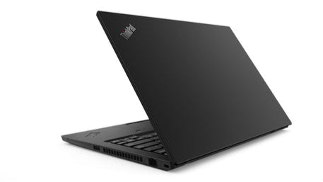 Lenovo ThinkPad T495 partially closed rear left view showcasing matte black lid with ThinkPad logo.