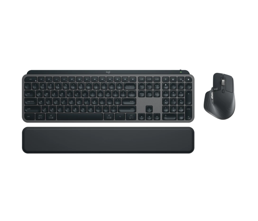Black keyboard, mouse, and wrist rest on a white background