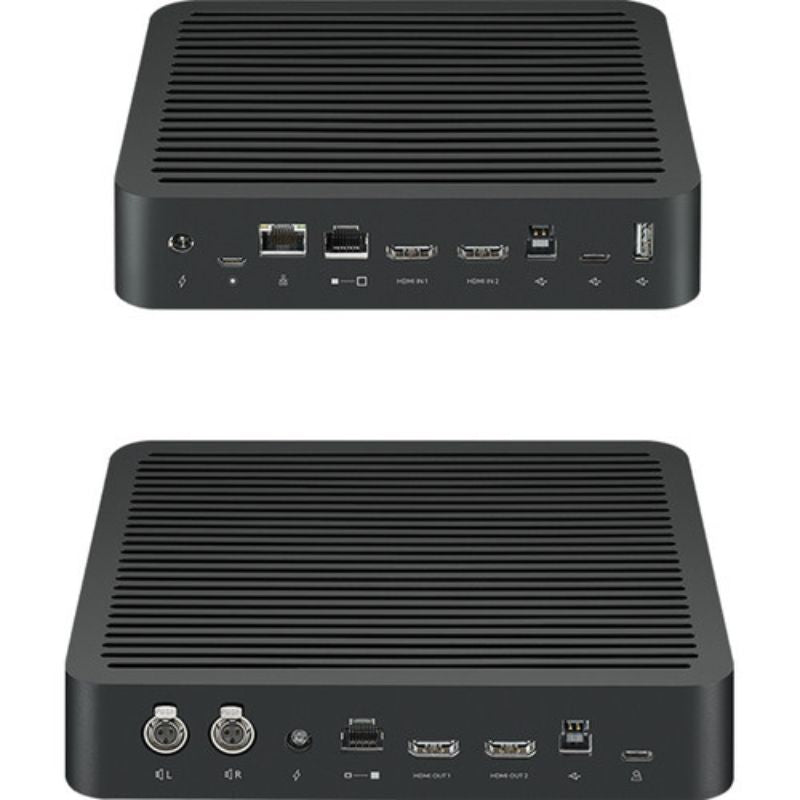 Two black computer mini PCs with various ports on a white background