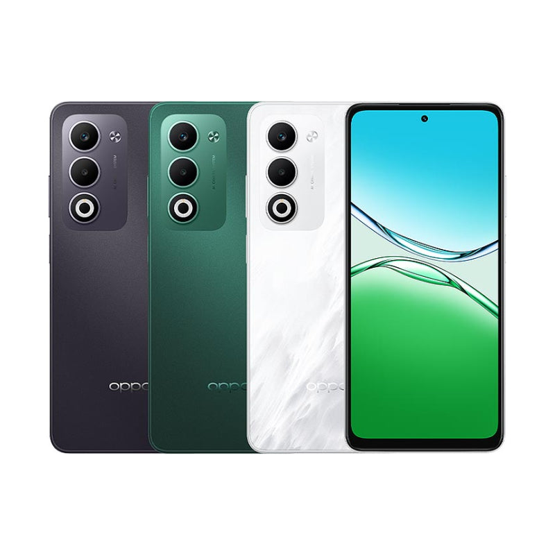 Oppo smartphone in black, green, white, and green front view on a white background