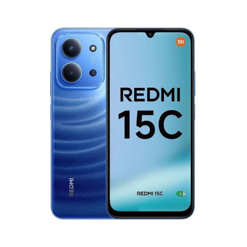 Blue Redmi 15C smartphone showing front and back on a white background