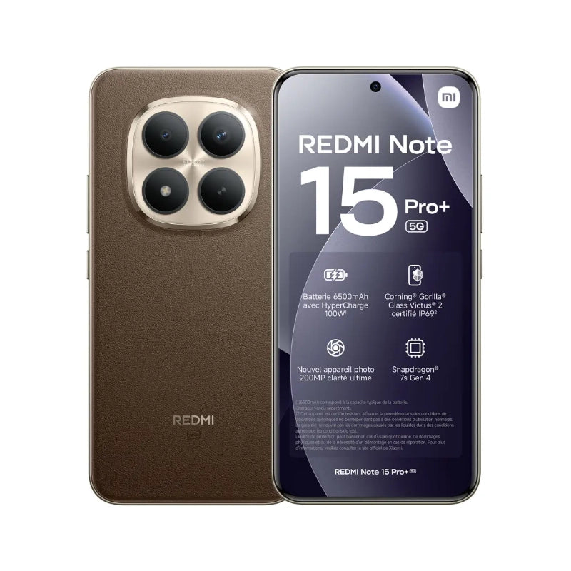Redmi Note 15 Pro+ smartphone showing back and front views on a white background