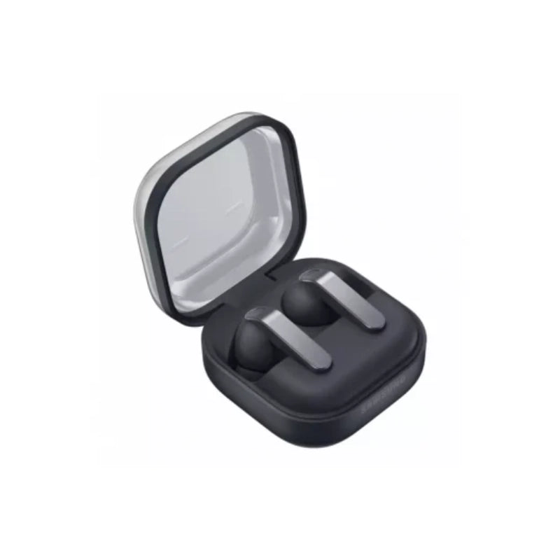 Black wireless earbuds in an open case on a white background