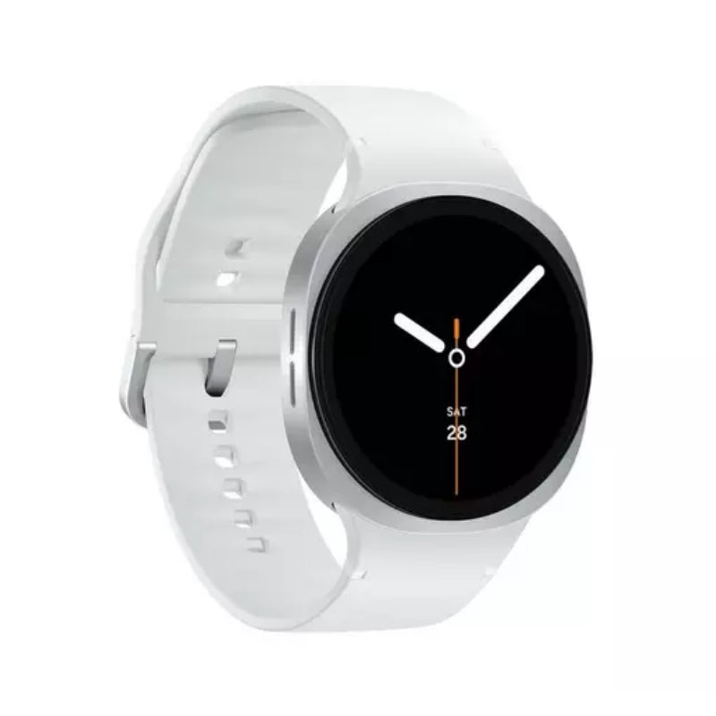 White smartwatch with a black display on a white background