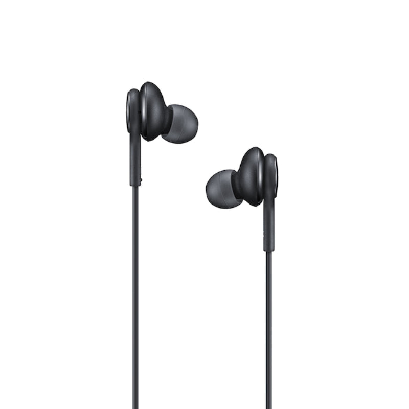 Black in-ear headphones on a white background