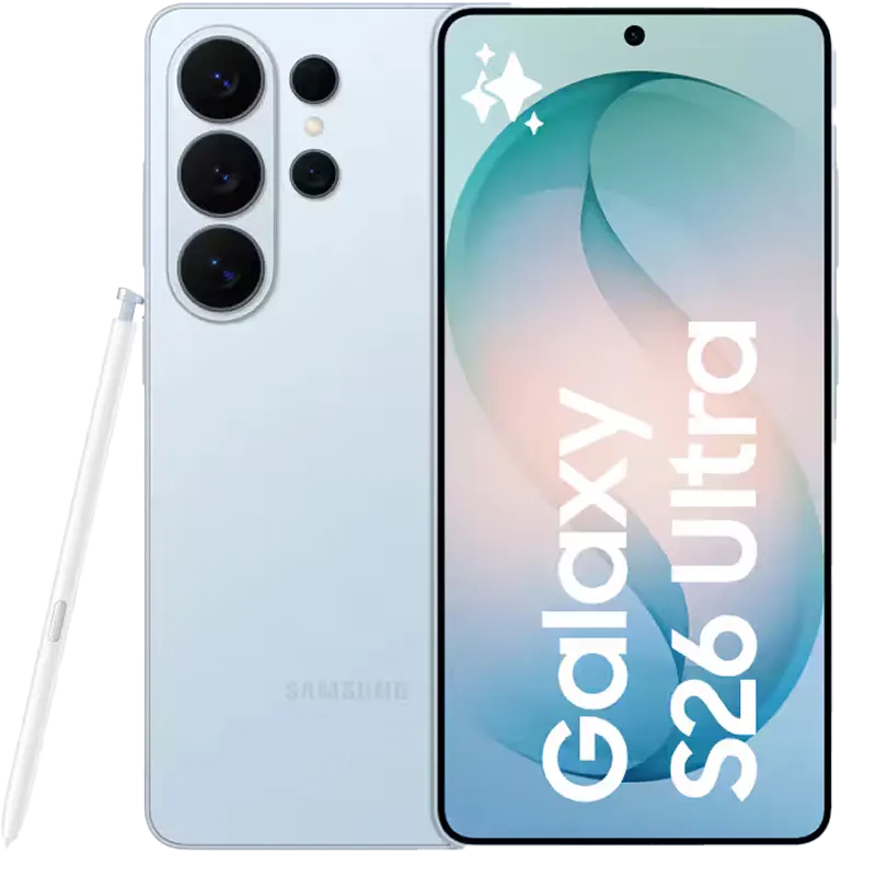 Samsung Galaxy S26 Ultra smartphone showing front and back on a white background