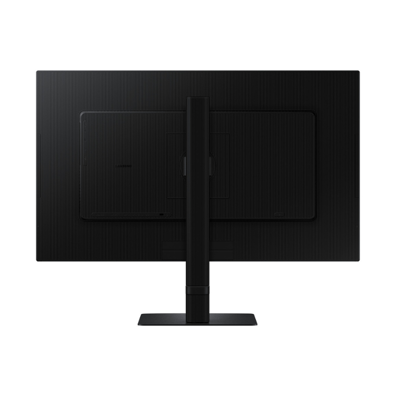 Black computer monitor with stand on a white background
