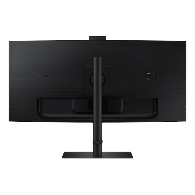 Black computer monitor with stand on a white background