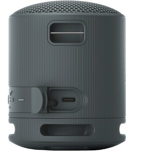 Gray portable speaker with control buttons on a white background