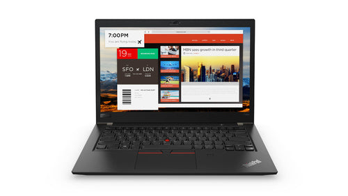 Front view of Lenovo ThinkPad T480s laptop with display showing multiple open windows and slim bezels.