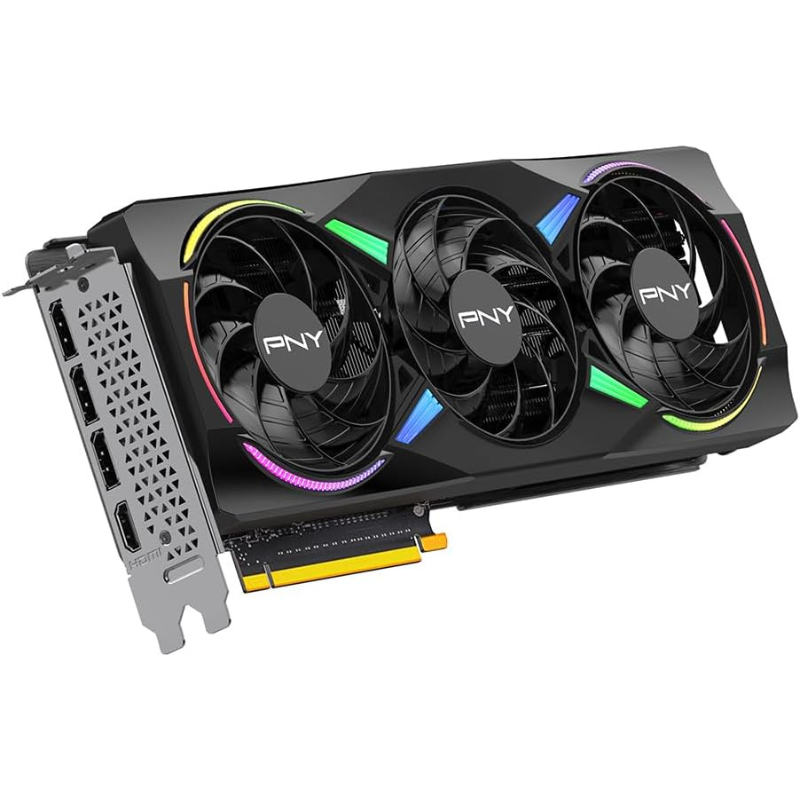 GPU with three fans and PNY branding on a white background