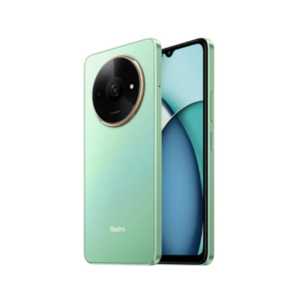 Green redmi a3x smartphone showing front and back on a white background