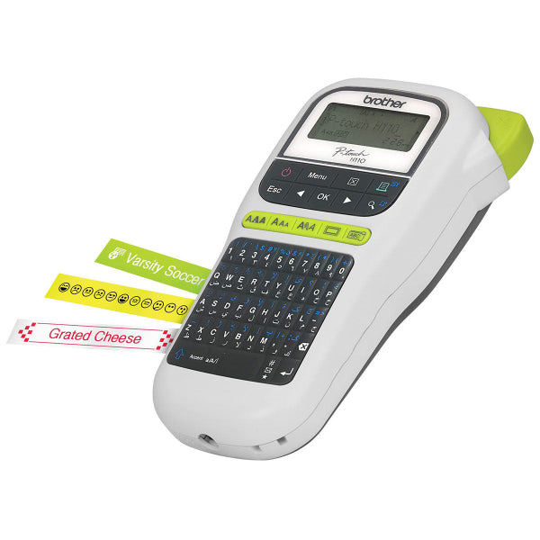 Brother label printer with sample labels on a white background