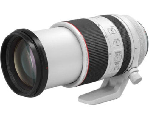 Camera RF 70-200mm f/2.8L lens with white body and black and red accents on a white background