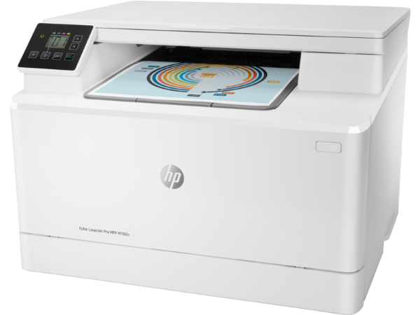 HP M182N color laser printer on a white background